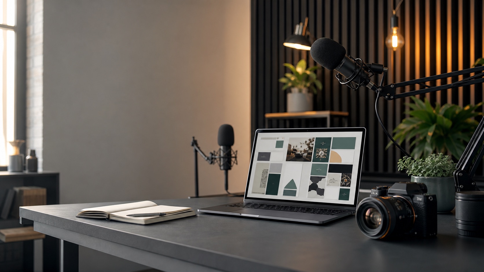Moderner Medienarbeitsplatz mit Kamera, Mikrofonen, Laptop und Studio-Licht